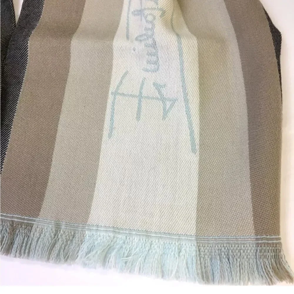 Auth NWT Emilio Pucci 100% Wool Neutrals Blues Striped Scarf Stole Muffler Wrap